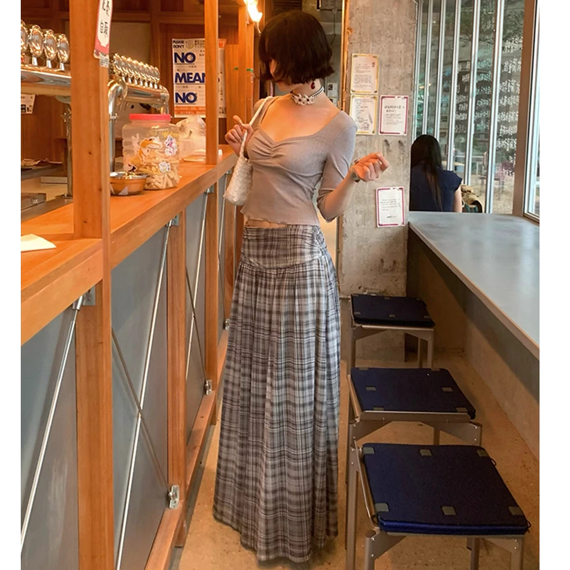 复古港风高腰抽褶大摆伞裙女夏季新款时尚宽松显瘦格纹半身裙