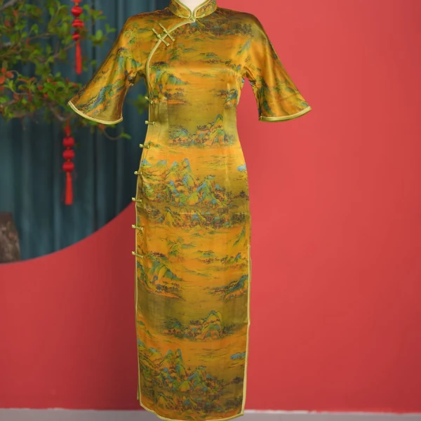 （千里江山）桑蚕丝优雅气质国风中式修身旗袍