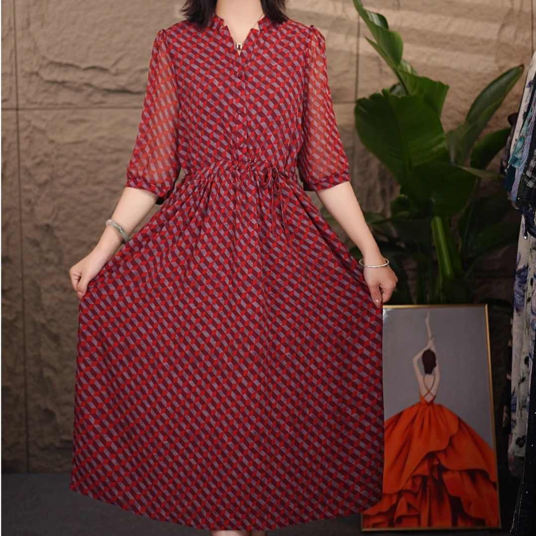 935夏季新款时尚气质显瘦宽松连衣裙中长款收腰过膝妈妈装裙子