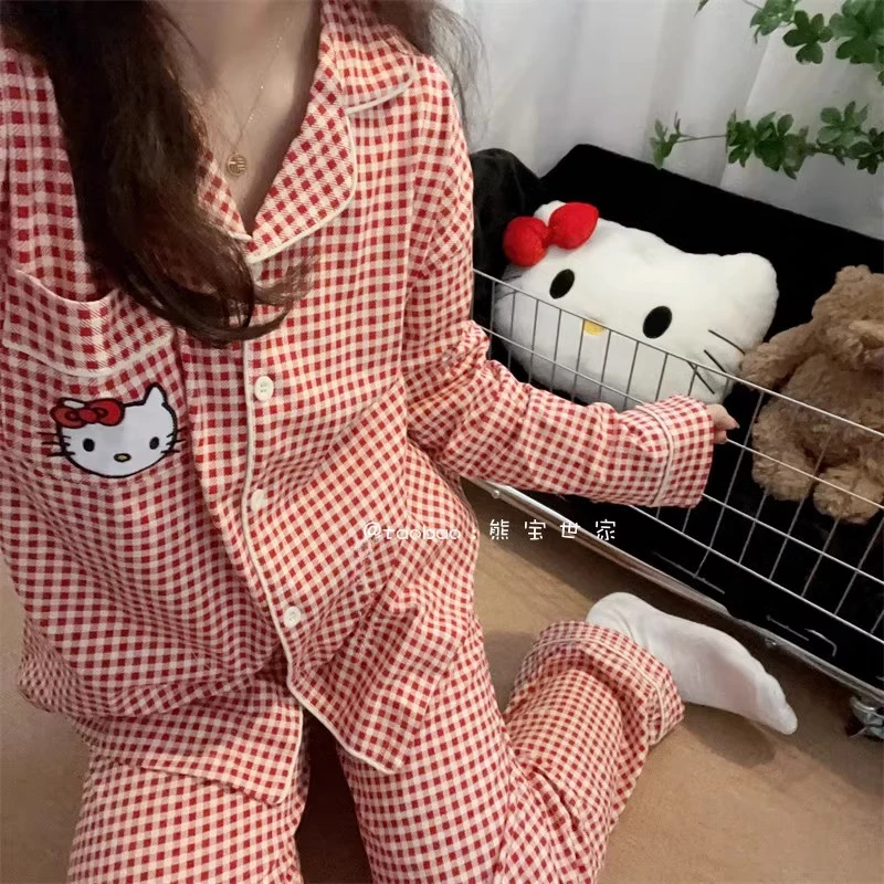 韩版睡衣女长袖长裤纯棉红色格子Kitty猫开衫春秋季家居服两件套