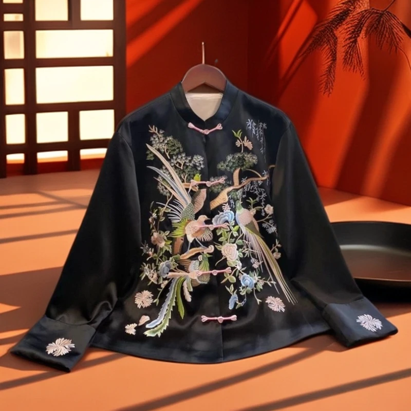 2025早春新款花鸟刺绣醋酸锻高端贵气新中式国风外套黑色重磅