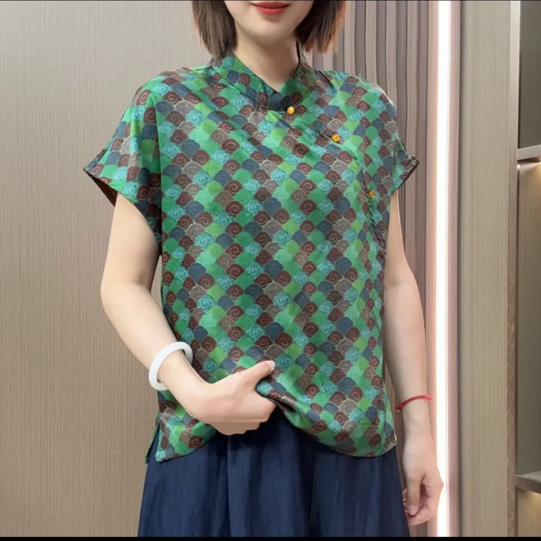 【新中式高级绿色格子】夏季爆款不挑人轻奢上衣宽松百搭衬衫9050