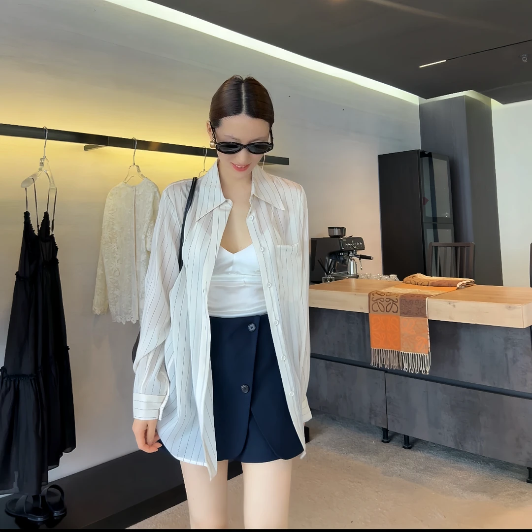 法式白色条纹防晒衬衫女夏季薄款外搭衬衣设计感小众上衣HY35953