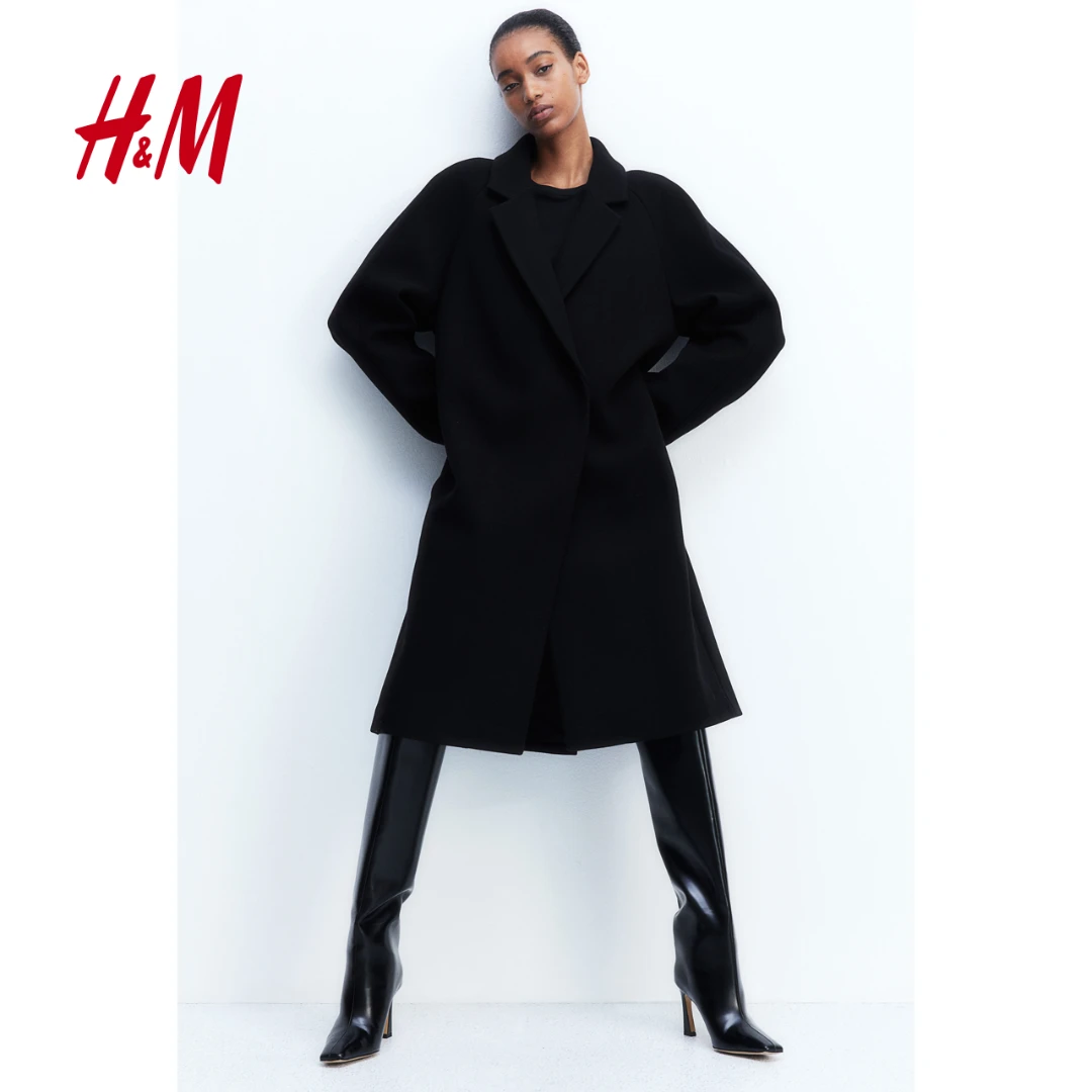 HM女装毛呢外套秋时尚气质柔软舒适平驳领及膝双排扣大衣1159193