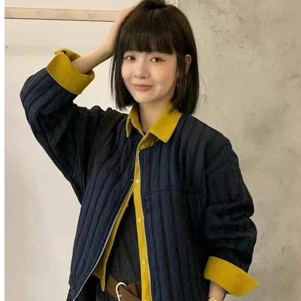 欧货2025年秋装新款宽松翻领假两件撞色夹克轻薄夹克棉服棉衣女