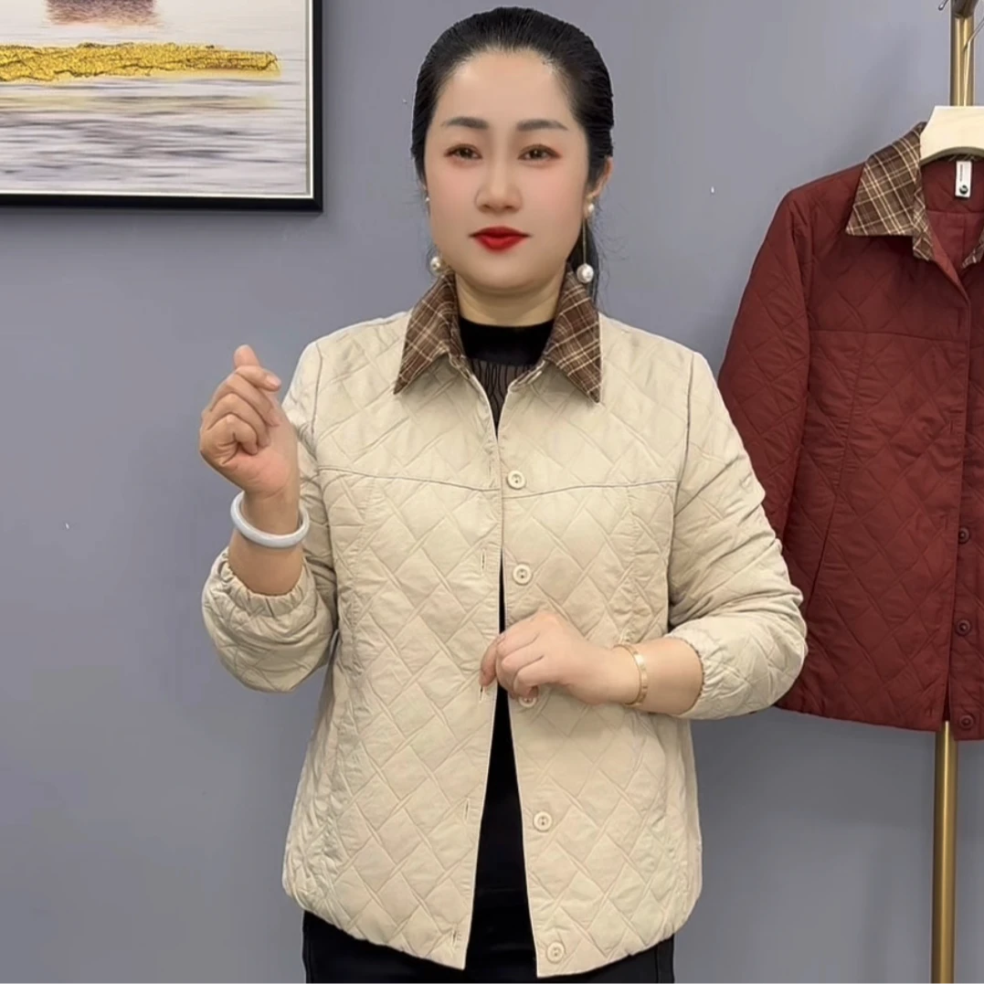 春秋新款时尚洋气宽松显瘦减龄气质妈妈装格子领双层外套5-15款