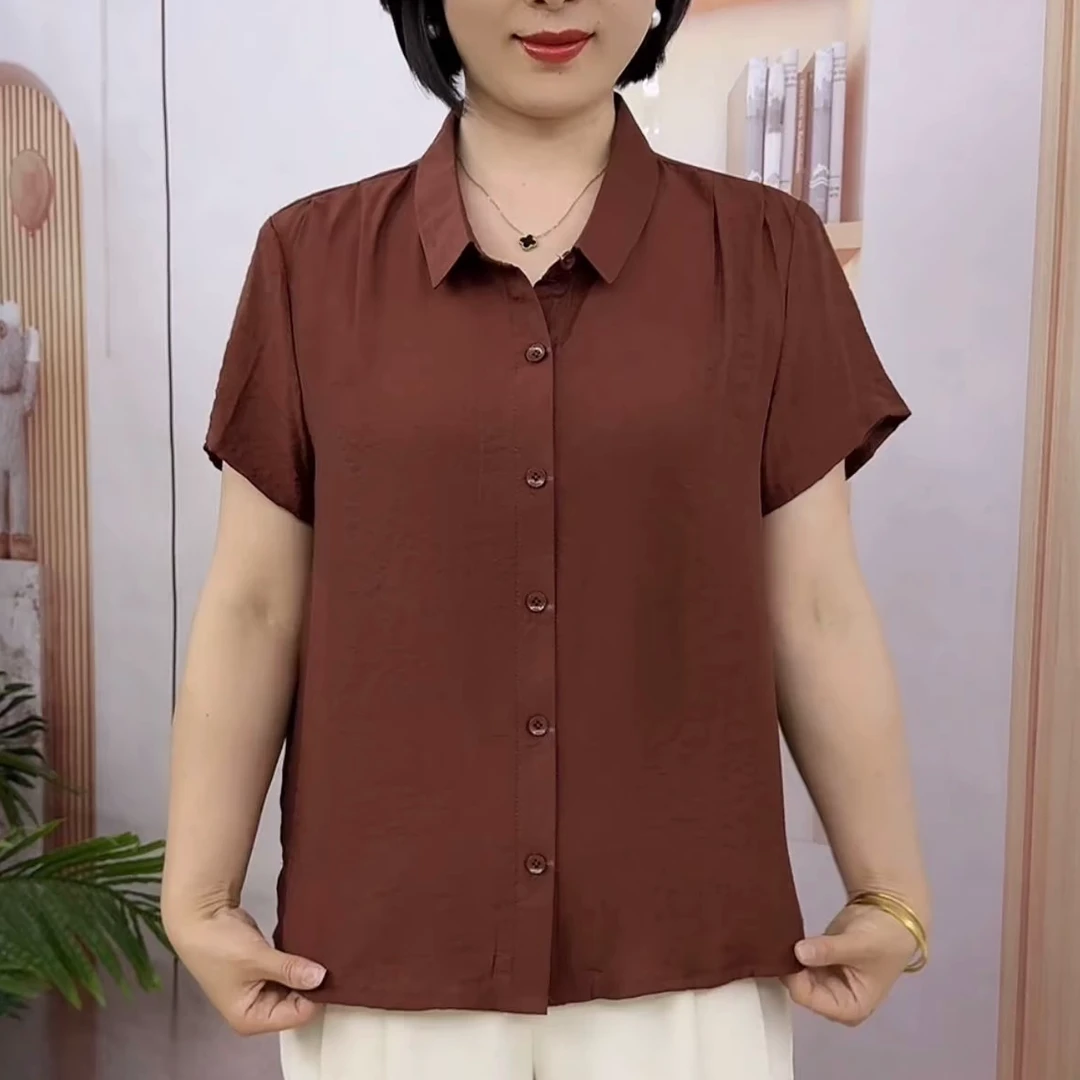 净色翻领开衫短袖上档次精品衬衫2025夏季新款时尚洋气大方妈妈装