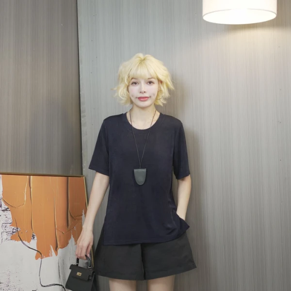 537圆领大版五分袖T恤打底衫显瘦开叉老钱风松弛感百搭老钱风女装