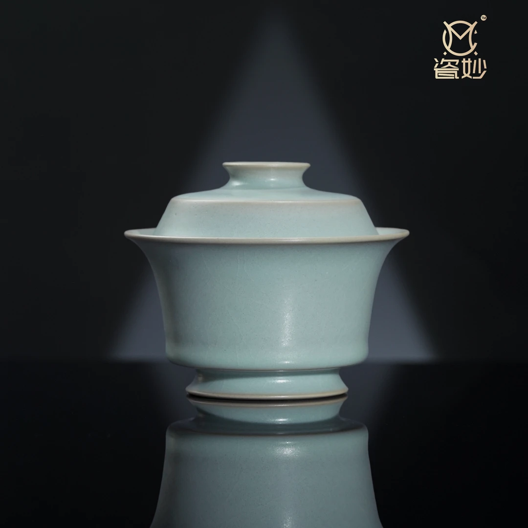 瓷妙柴窑古法还原柴烧汝瓷复烧收藏级原矿天青釉宝相盖碗约160cc