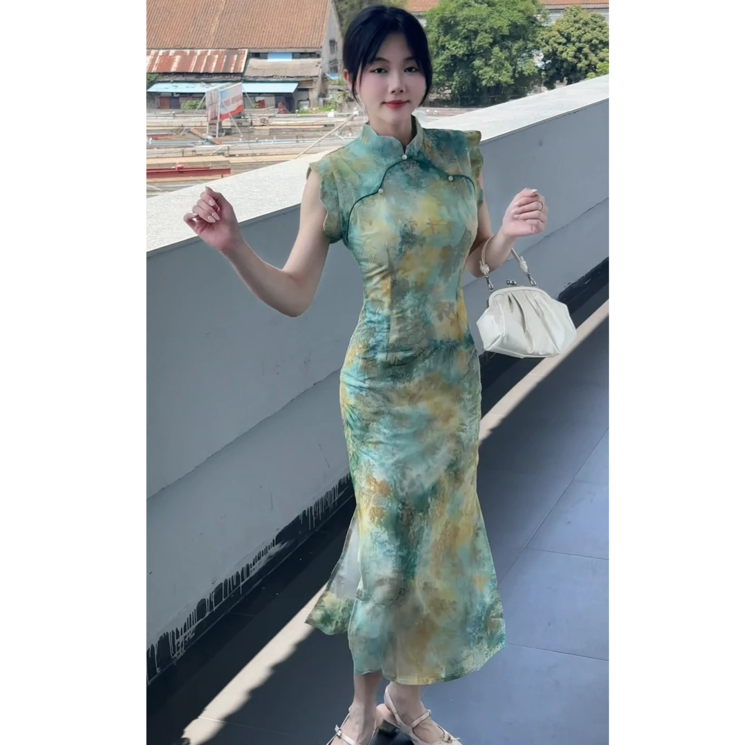 【C114】新中式2025夏无袖少女风晕染改良版旗袍女