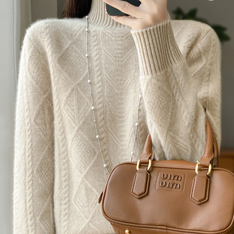 100纯羊毛加厚菱形半高针织上衣扭花时尚D315清