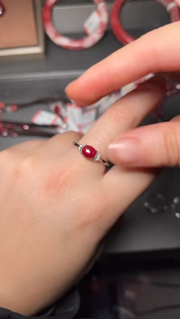 天然辰砂朱砂镶嵌S925银晶体女戒指120502