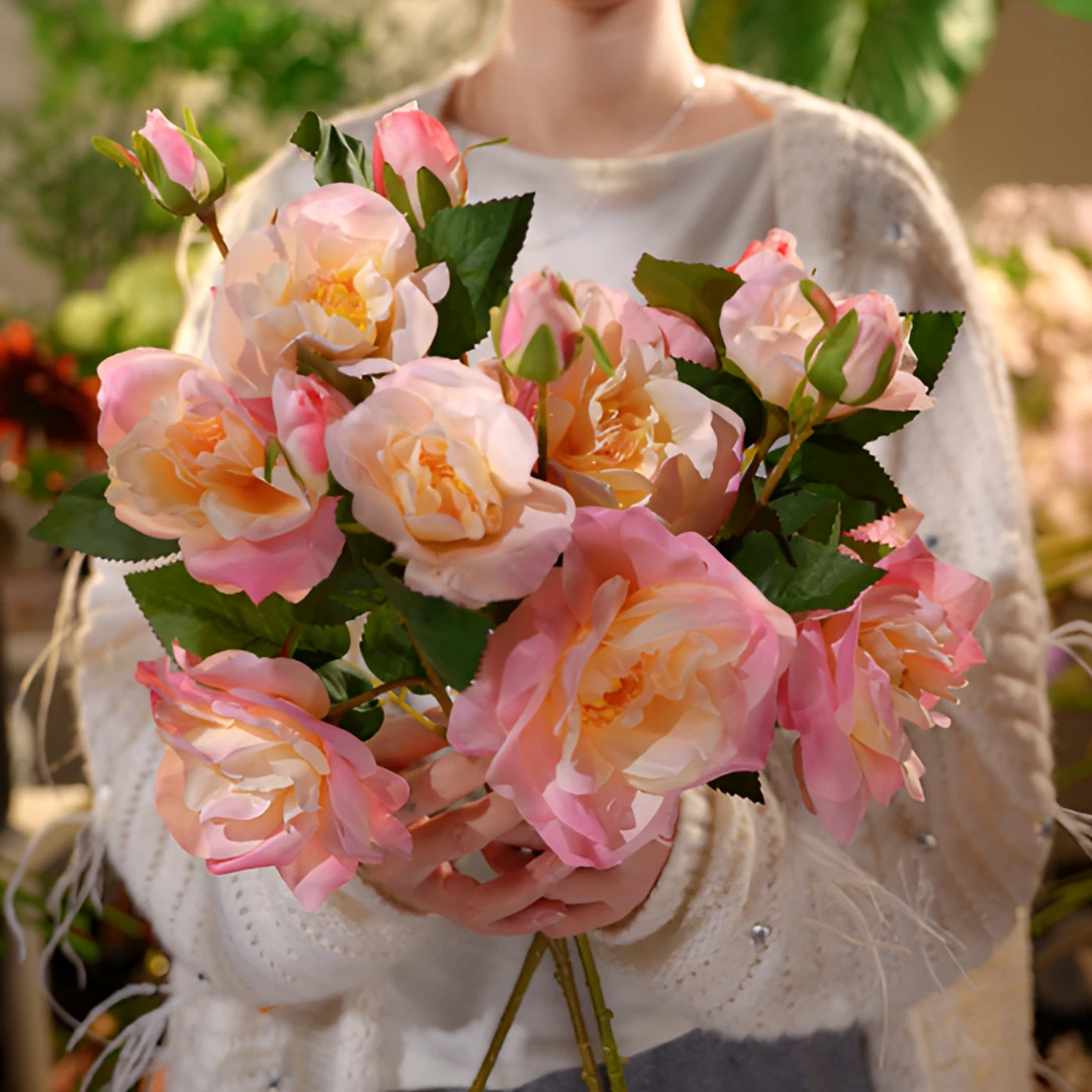 粉色渐变山茶花 5头茶花 尤加利餐桌花 绢布仿真花