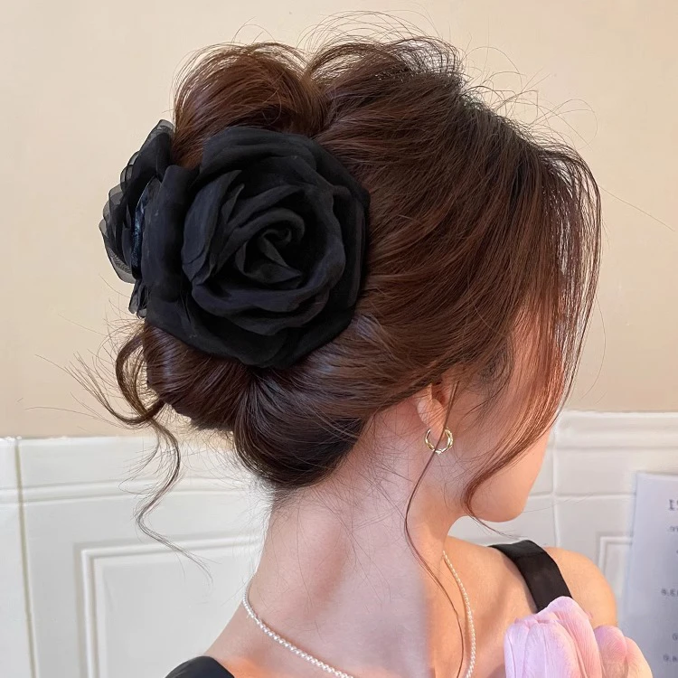 网纱花朵抓夹女高级感2025新款超仙春后脑勺发夹女鲨鱼夹盘发头饰