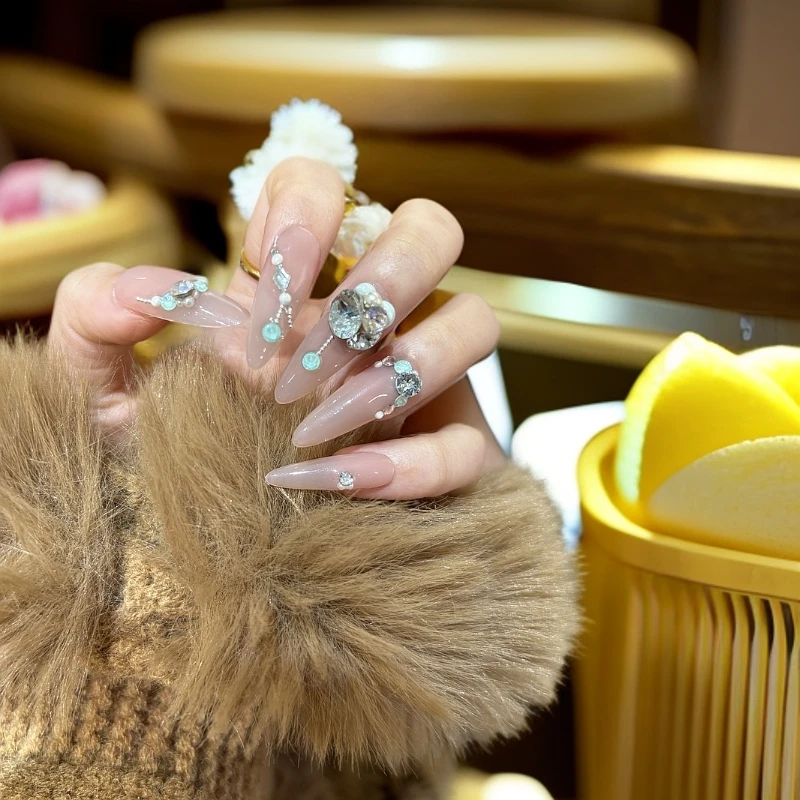 本宫指义【i27/施华】穿戴甲纯手工 薄荷清新施华钻  底色：T28