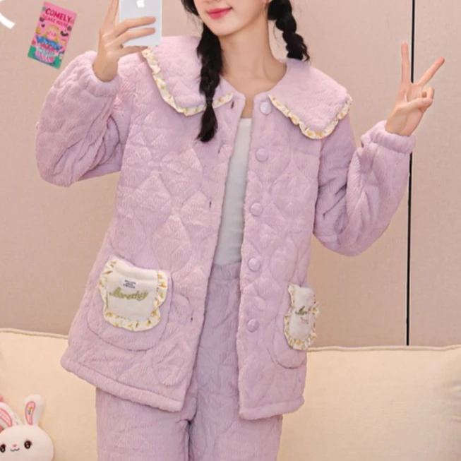 401-410年末甩货睡衣女冬季冬款三层加厚加绒夹棉珊瑚绒秋冬家