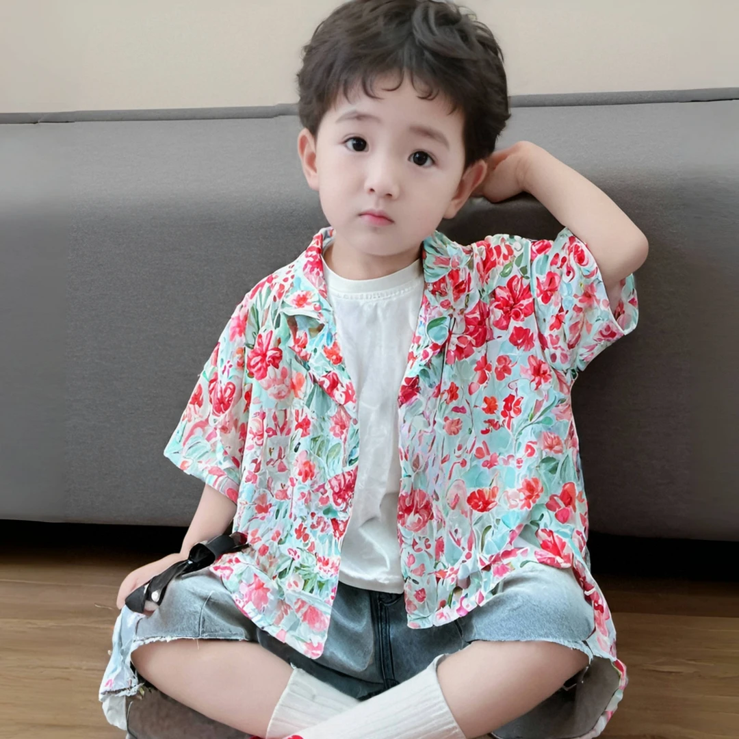 男童街头港风短袖花衬衫夏款童装2025新款 37746
