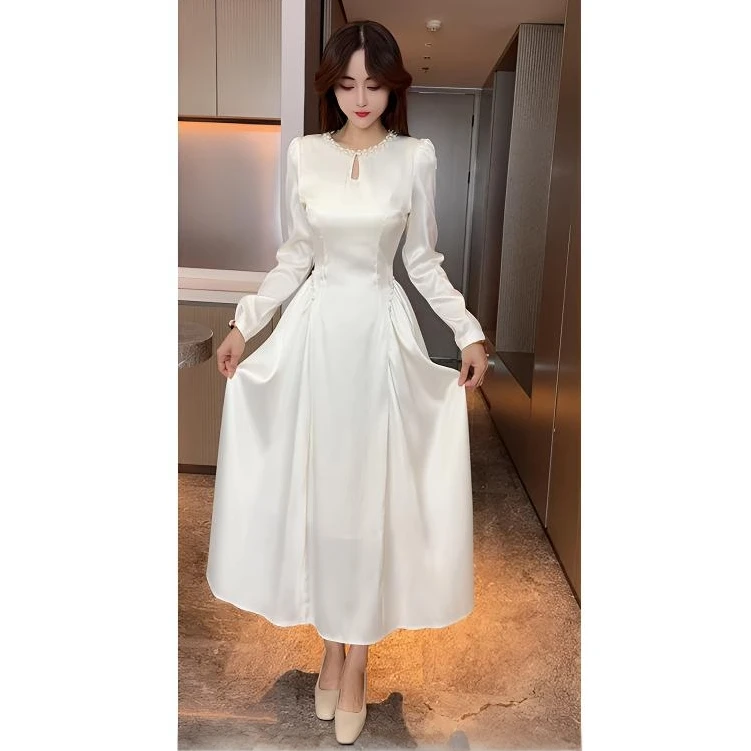 名媛风气质洋气重工订珠镂空光泽感连衣裙女中长款收腰连衣裙潮