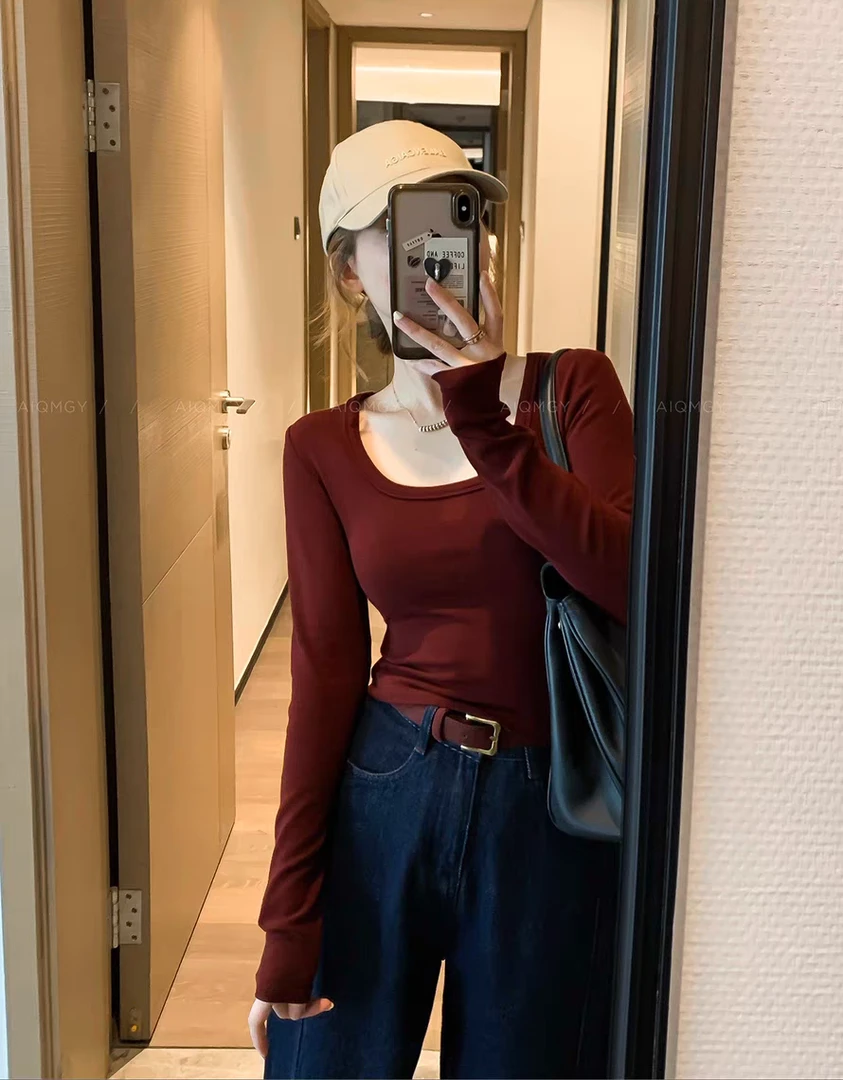 纯色螺纹方领修身长袖针织T恤洋气打底衫显瘦小众百搭秋季