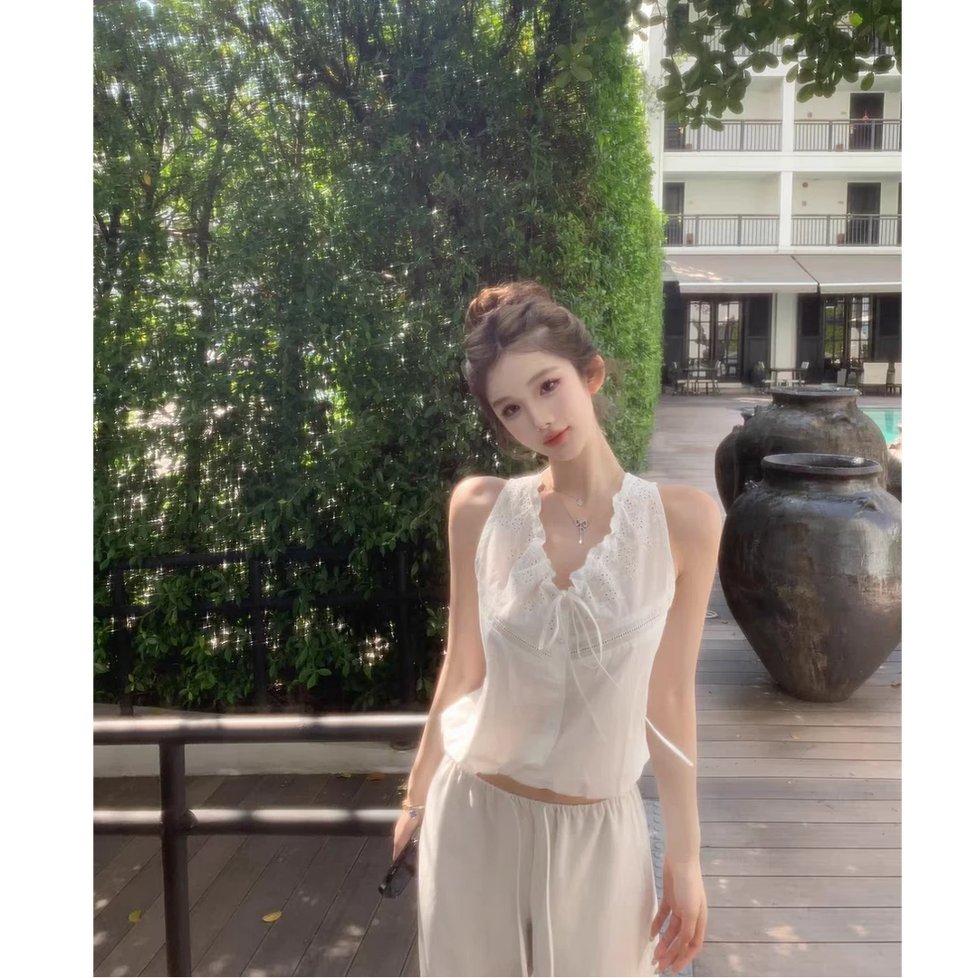 白色设计感纯欲性感辣妹镂空蕾丝背心女宽松显瘦休闲抽绳休闲裤潮