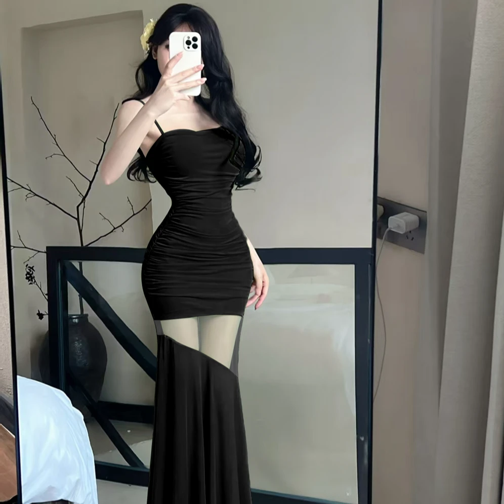纯欲风辣妹镂空吊带连衣裙女显瘦褶皱鱼尾气质性感修身包臀长裙