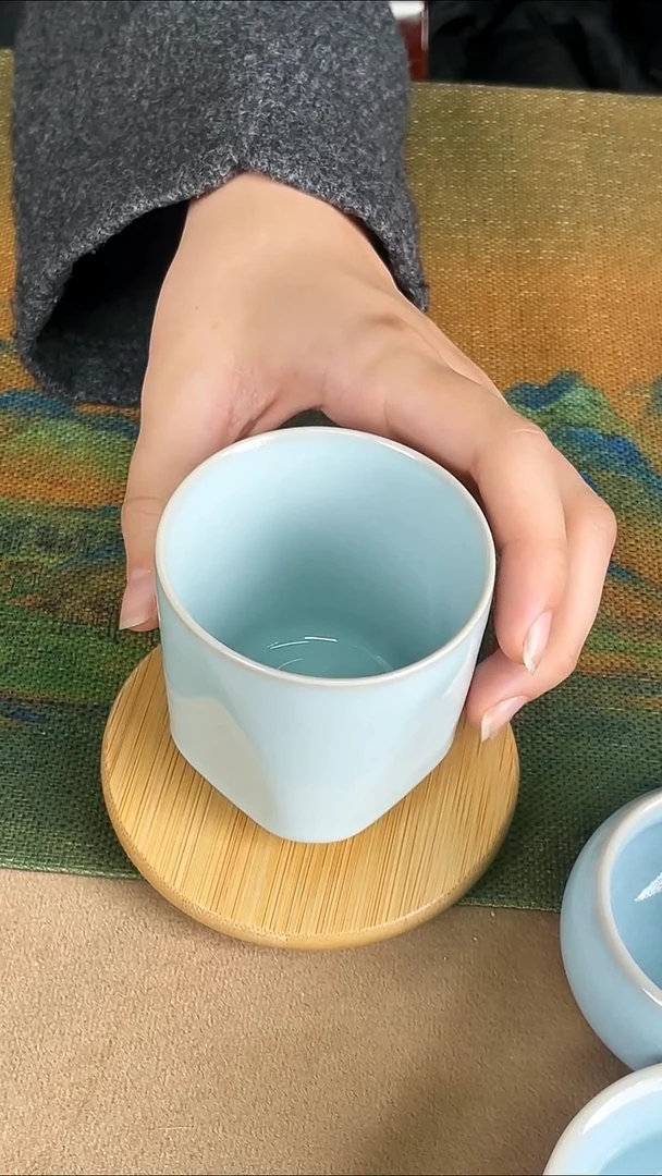 杯子瓷韩红 天青釉 方圆杯