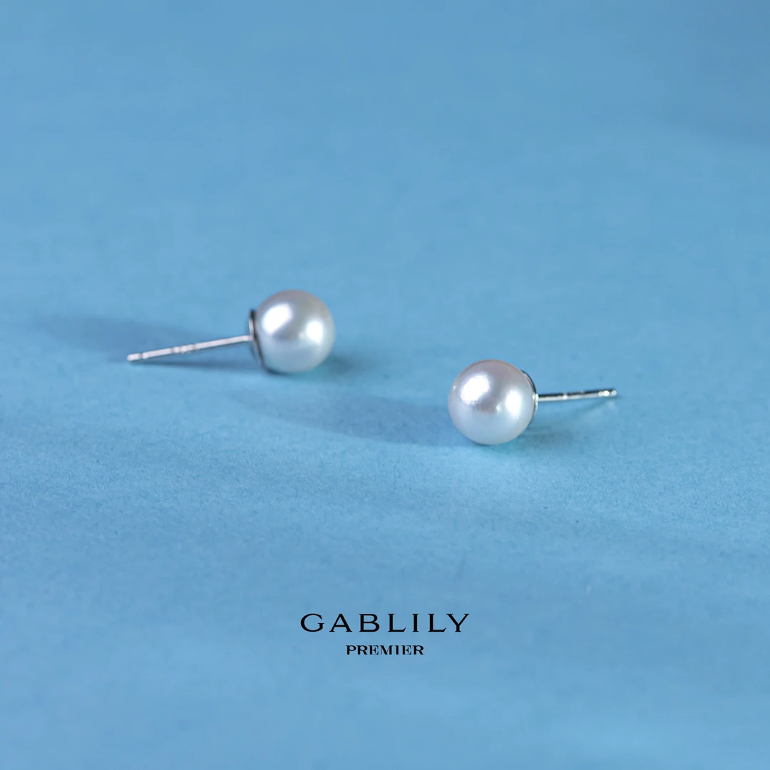 【胡兵珍选】GABLILY premier海水珍珠akoya真多麻色925银耳钉7-8mm