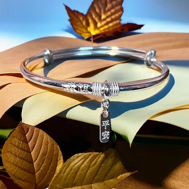 足银手镯 平安幸福镯子纯银999.9实心百搭女款可调节