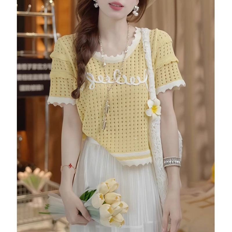 韩系甜美镂空撞色字母针织短袖女夏季新款时尚高级感显白洋气上衣