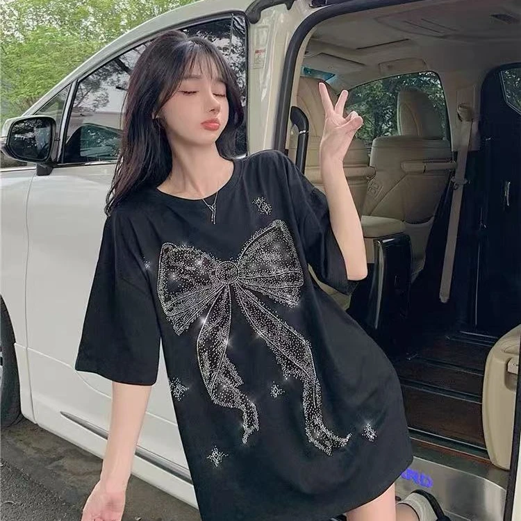 (C201-400）欧货时尚百搭烫钻潮流上衣春夏女棉短袖