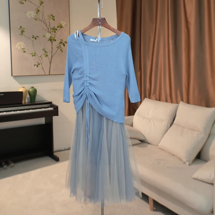 G410 抽褶设计九分袖针织衫+高腰纱网半身裙两件套女 33D32