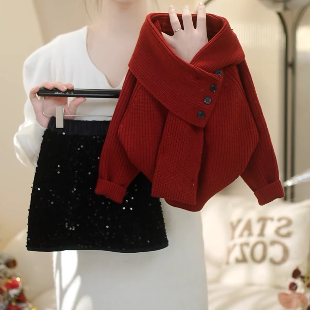 女童2024冬季新年穿搭设计感加厚拼接毛衣套装C22278