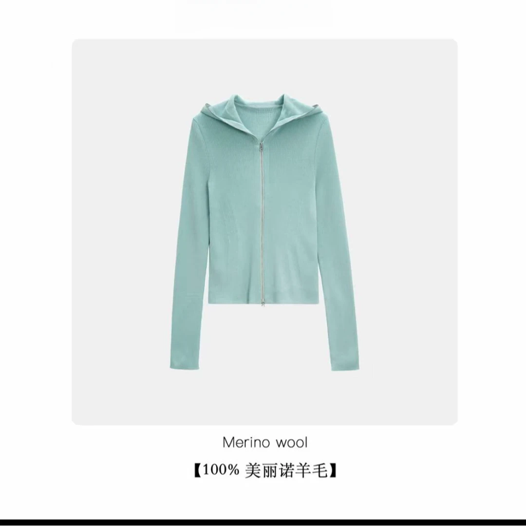 百搭 长袖女士拉链针织开衫外套  休闲连帽短款羊毛上衣