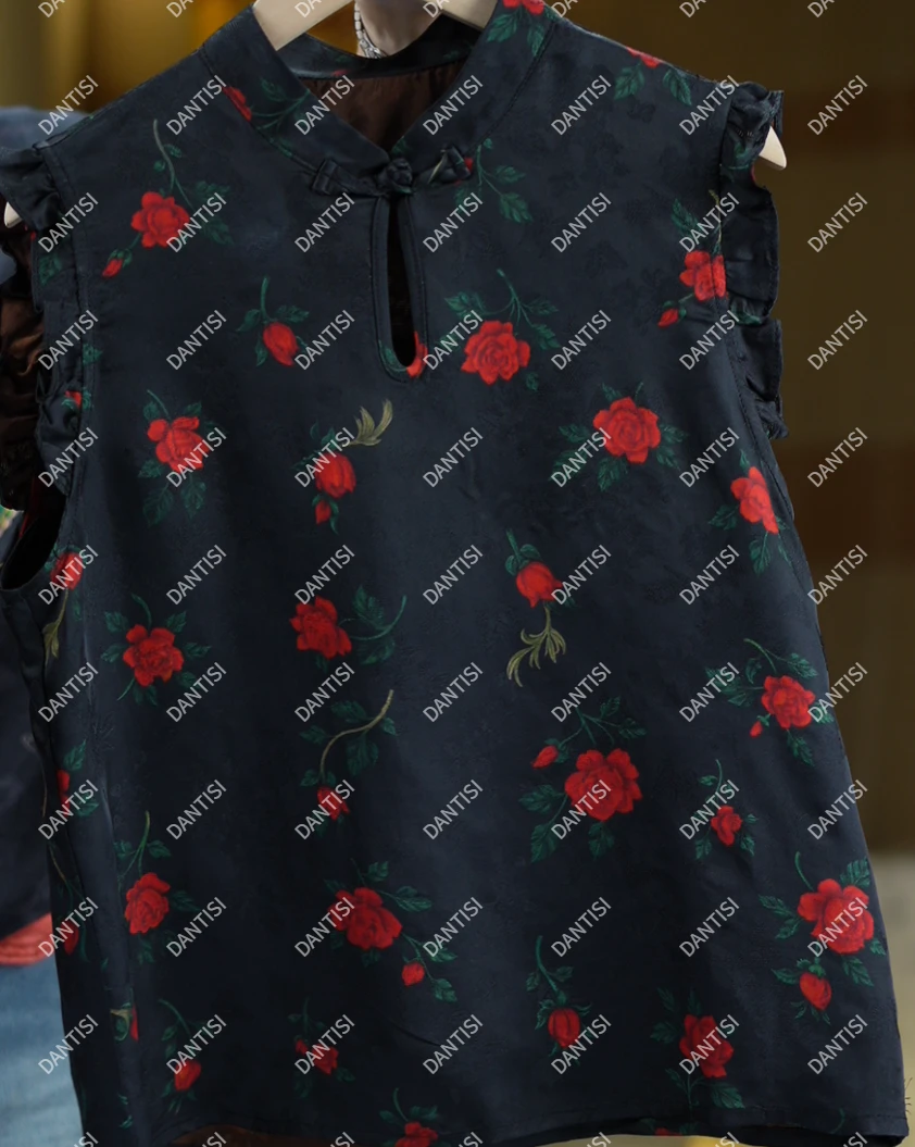 霜降《非遗美学》1392新中式国风立领盘扣时尚无袖上衣