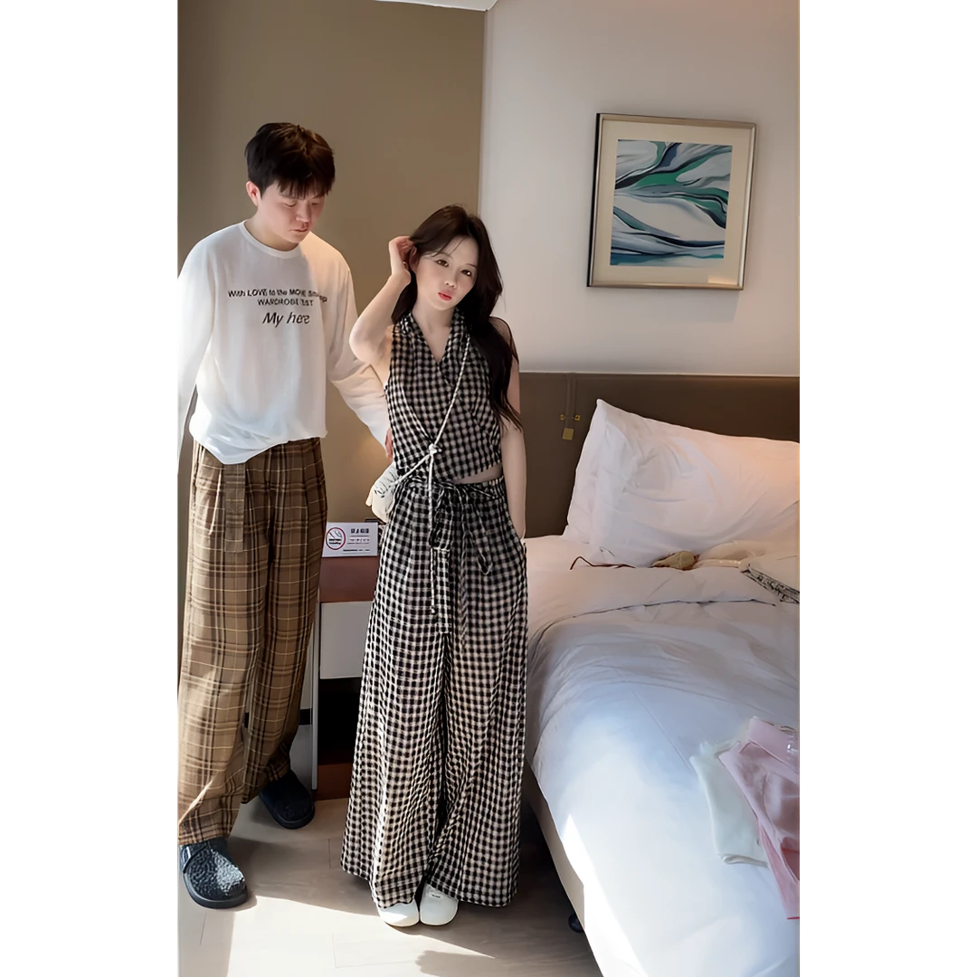 2025夏季新款复古气质时尚格子无袖背心上衣搭高腰显瘦阔腿长裤女