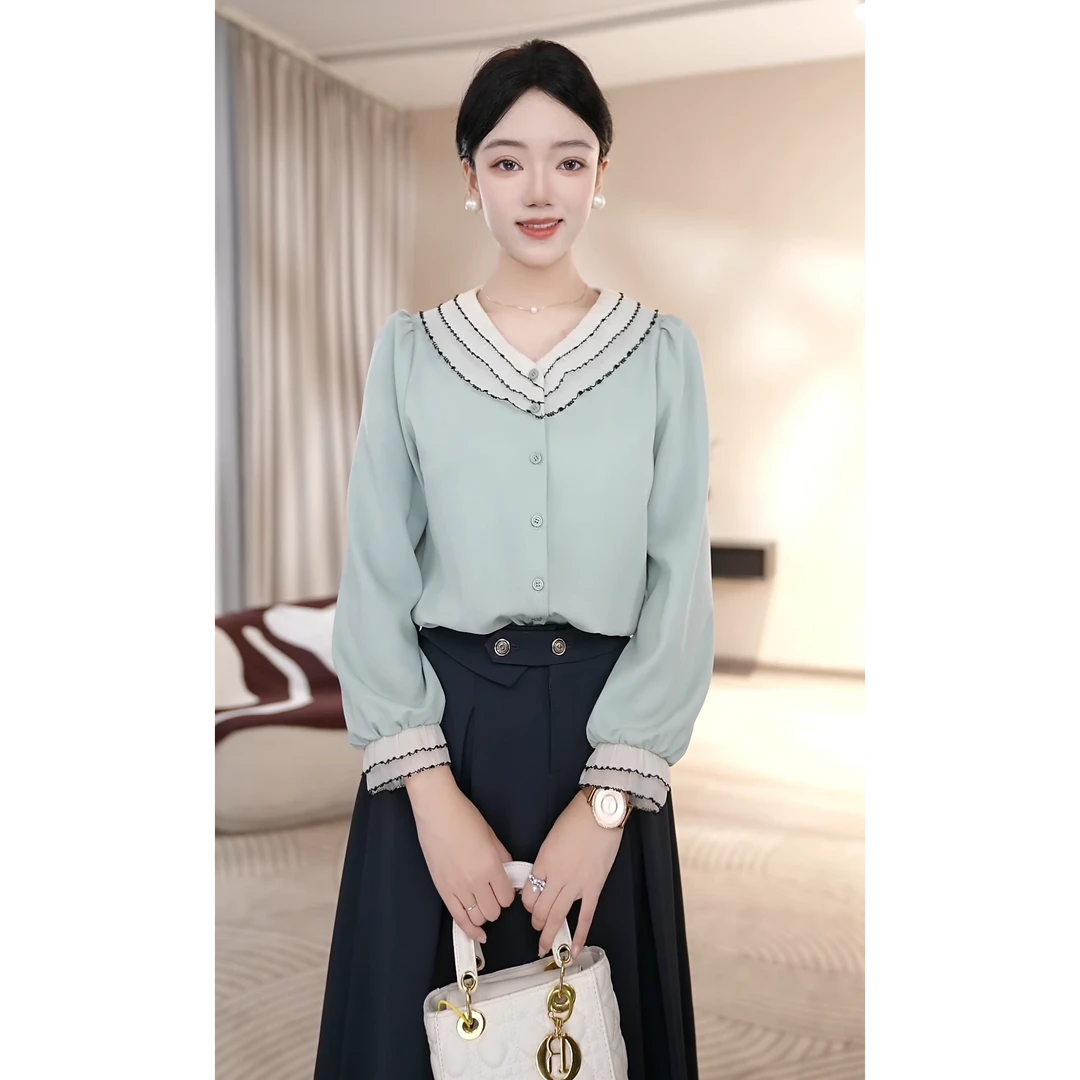 【曼贝】洋气衬衫女长袖2025春季爆款通勤衬衣8591322A【琳琳】