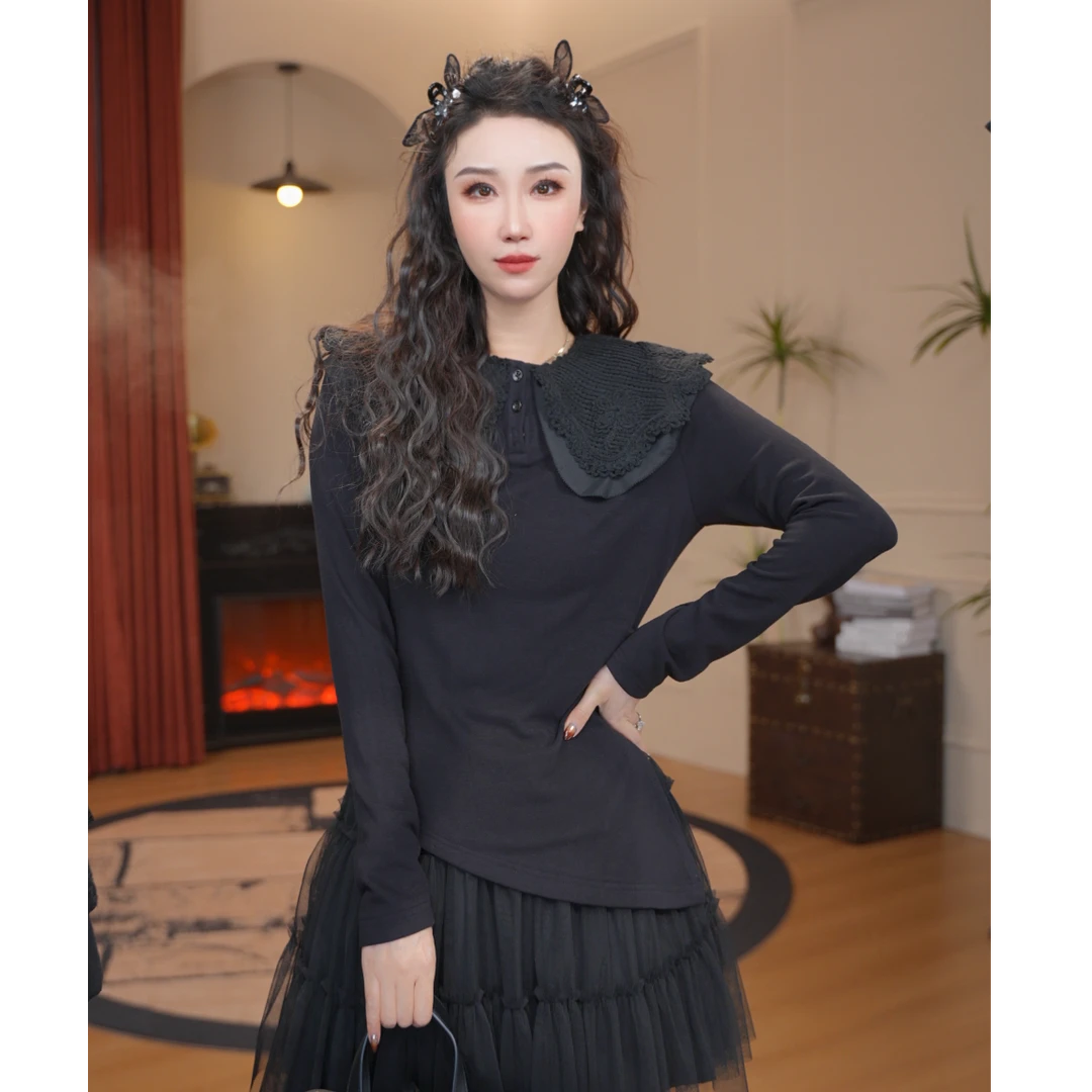 JR·雪姐·人间妲己-91201高级感显瘦娃娃领拼接打底长袖上衣