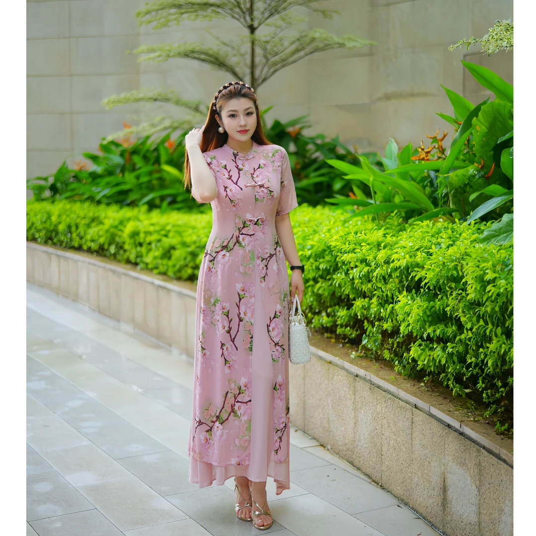 XYD71658桃花印花优雅长裙珍珠雪纺大码女装连衣裙气质收腰大裙摆
