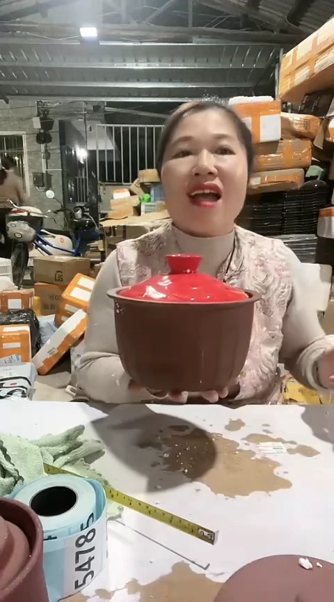 陶瑕疵打磨猪油罐红盖5379