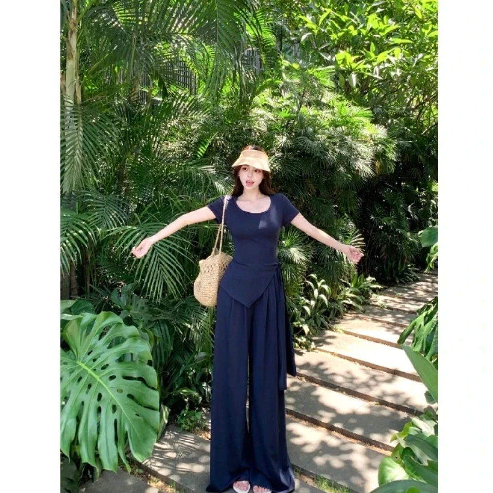 M221 夏季新款绑带套装女不规则短袖上衣+高腰阔腿裤两件套女