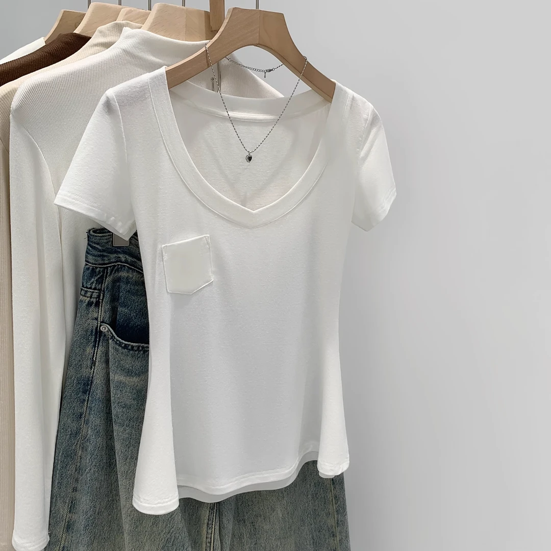 白色薄款大V领短袖T恤女夏季新款修身显瘦上衣纯色简约时尚小衫潮