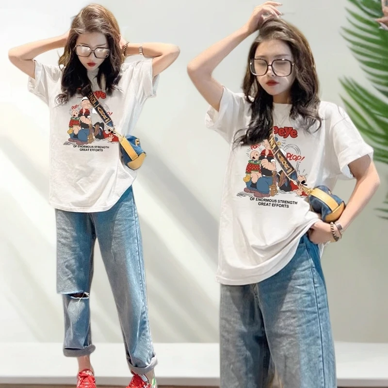 2025百搭短袖t恤女欧货宽松圆领印花纯棉T恤上衣打底美式复古