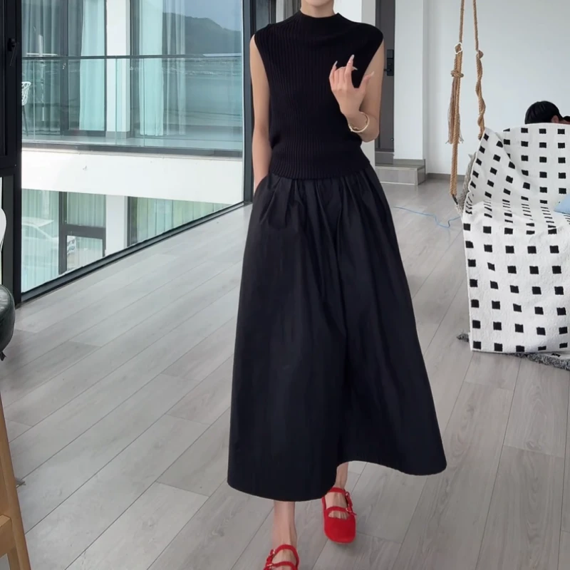 【兜财】针织坎肩袖气质竖条纹上衣+显瘦高腰百搭半身裙LK2504981