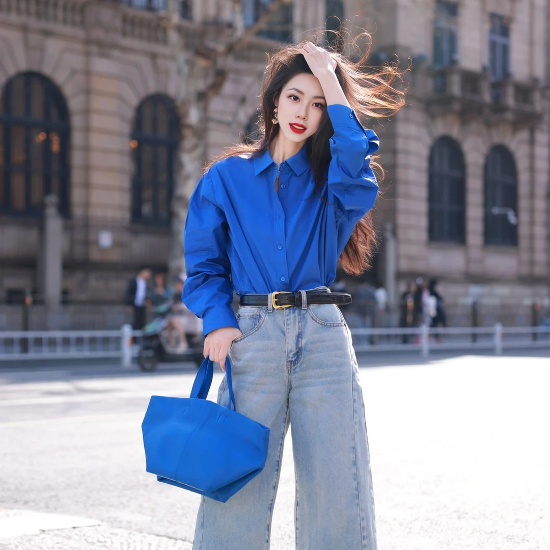 克莱因蓝色衬衫女经典长袖外套港风春秋季叠穿内搭纯棉衬衣百搭