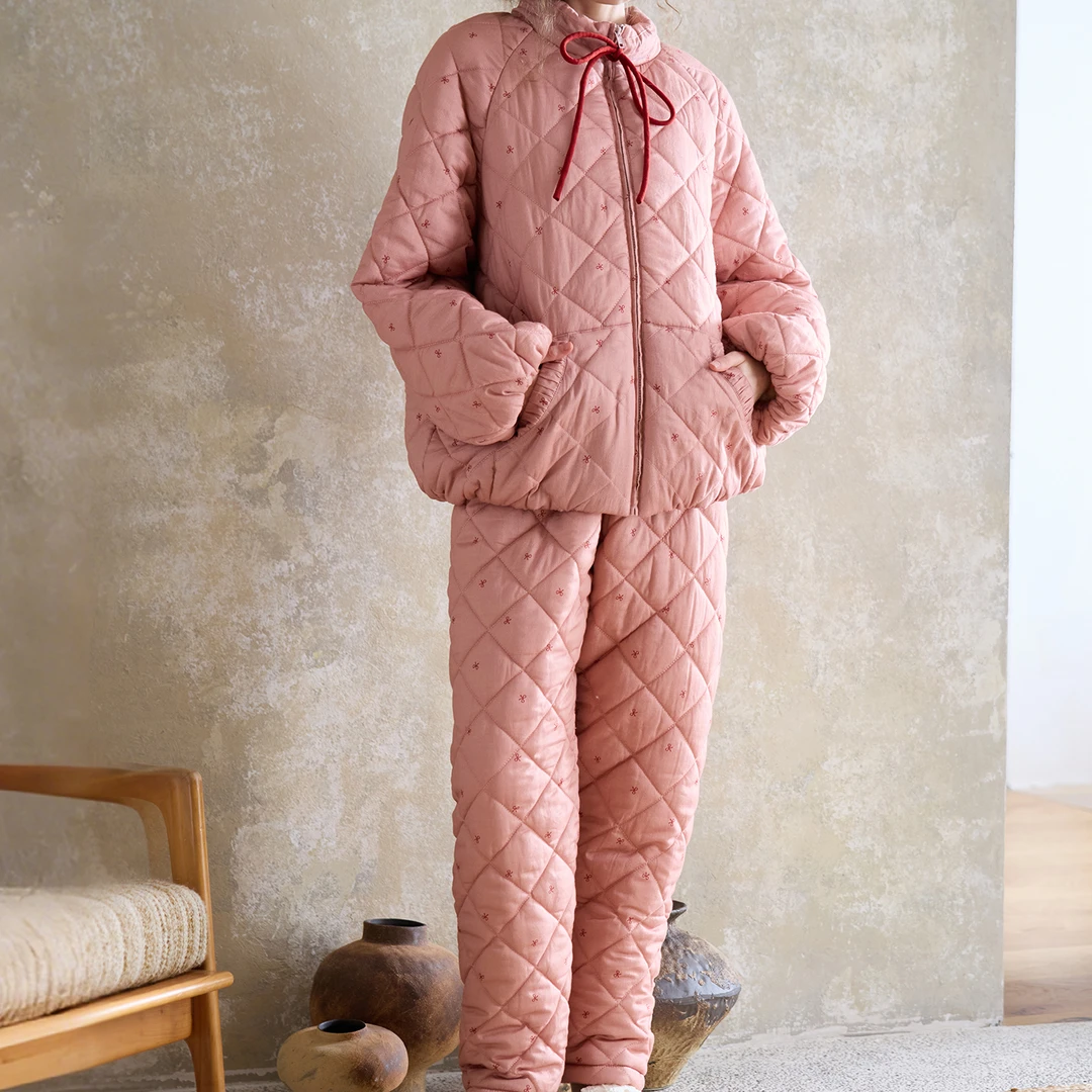 慵懒风菱格蝴蝶结夹棉睡衣女冬季新款舒适保暖家居服套装可外穿