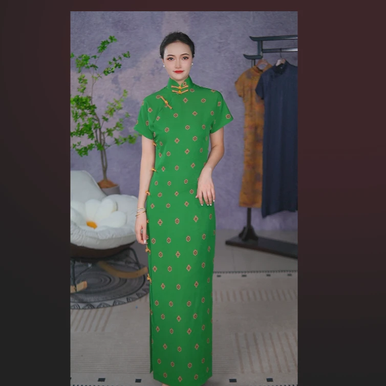 全开襟纯手工旗袍长款显瘦复古长裙一字扣复古风裙长130