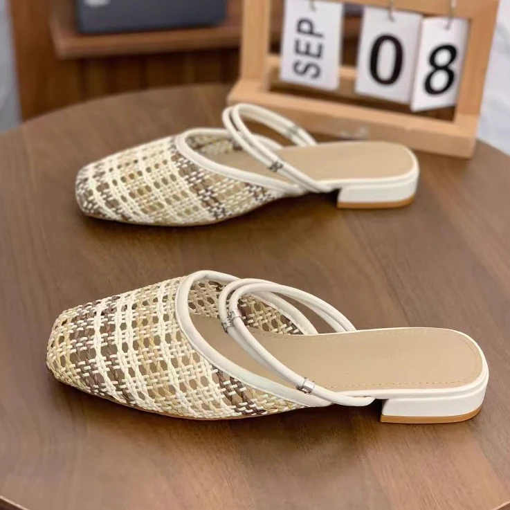 527-18   新款法式时尚气质粗跟包头拖鞋