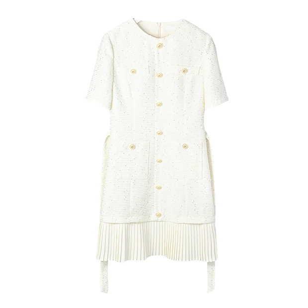 【星空海滩】法式重工温柔风通勤气质花呢收腰百褶连衣裙女25A1059