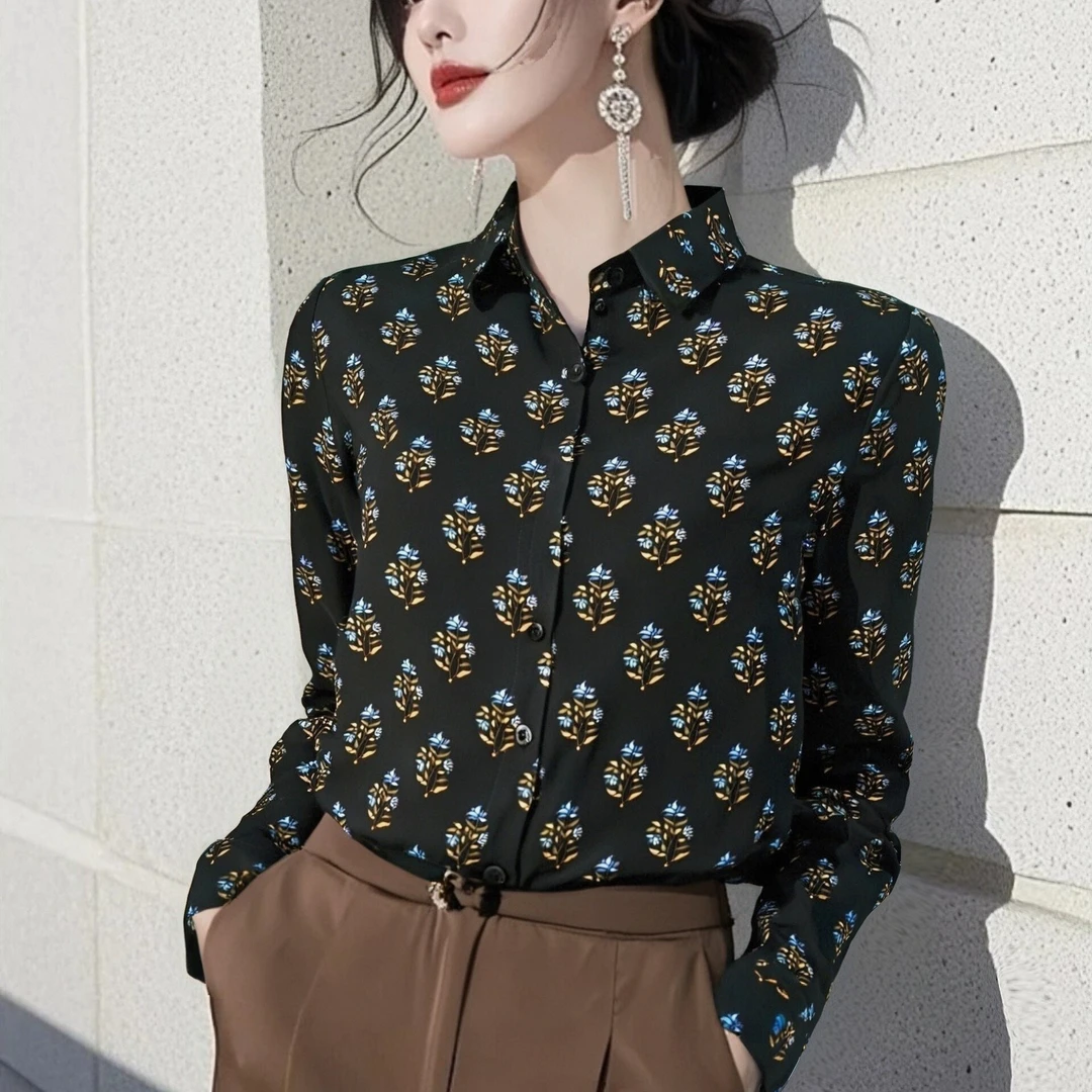 【玉树临风】夏季长袖气质时尚黑色休闲衬衫知性风温柔女士上衣女装