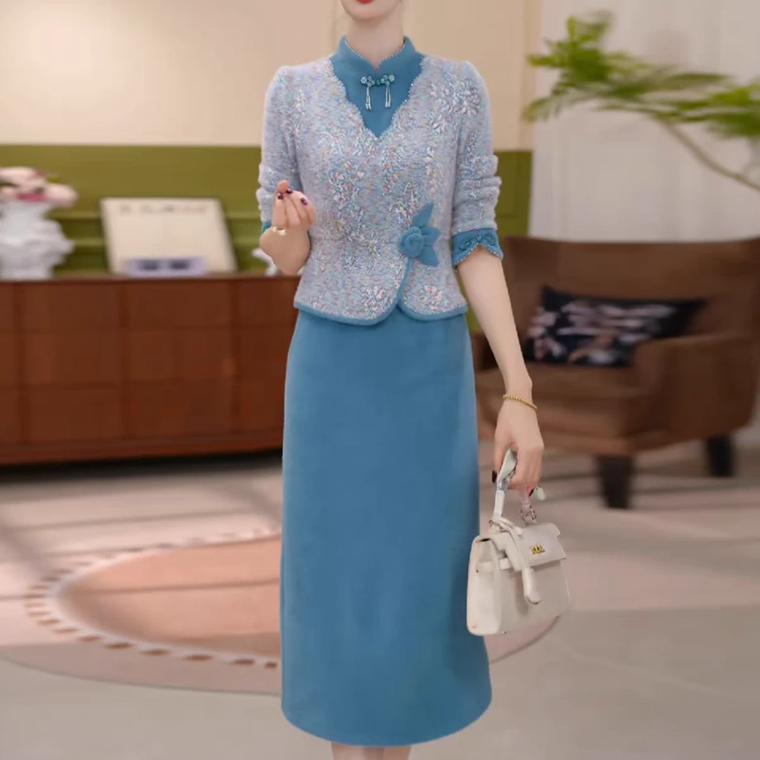 高级雪花绒洋气时髦优雅俩件套2025秋季新款中年妈妈连衣裙套装